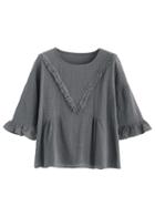 Romwe Grey Ruffle Sleeve Fringe Detail T-shirt