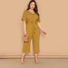 Romwe Plus Button Front Belted V-neck Jumpsuit