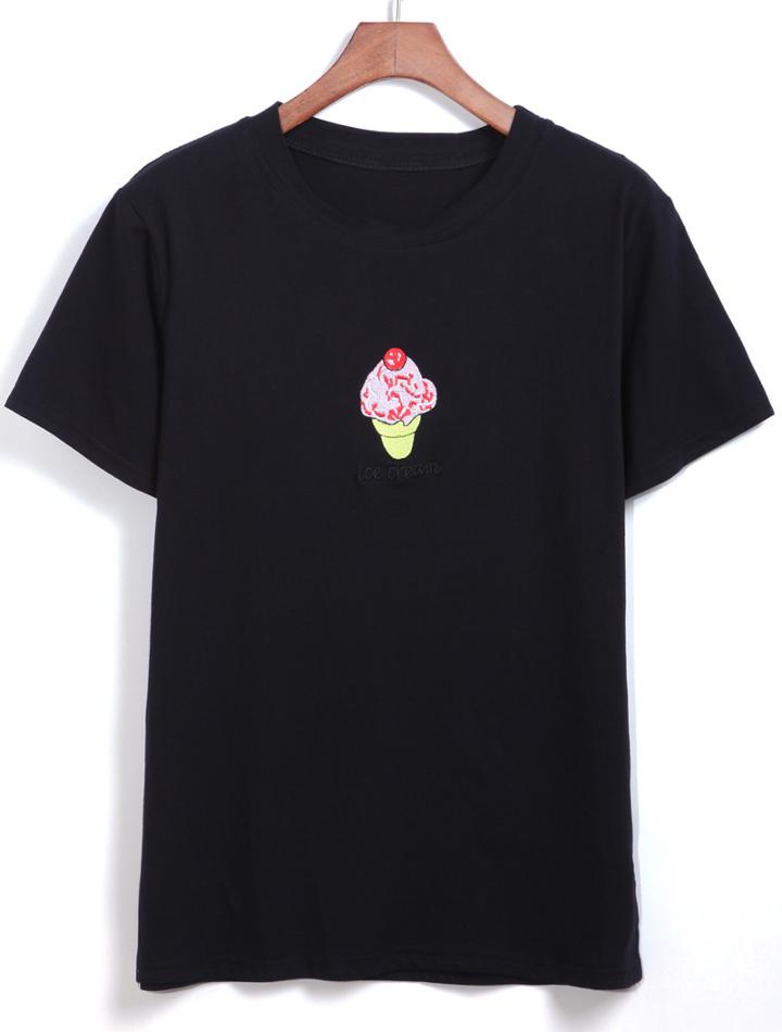 Romwe Ice Cream Embroidered Black T-shirt