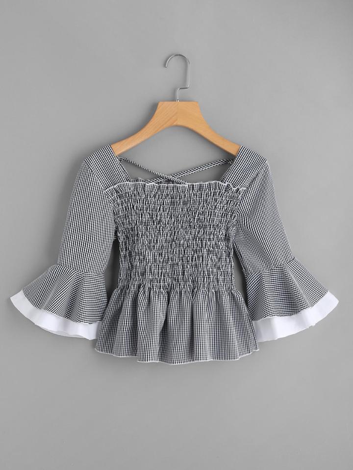Romwe Bell Sleeve Tiered Cuff Criss Cross Checked Top