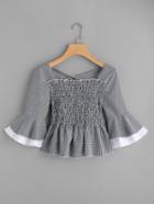Romwe Bell Sleeve Tiered Cuff Criss Cross Checked Top