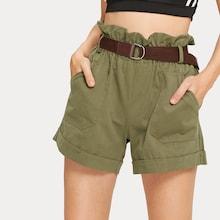 Romwe Solid Belted Ruffle Trim Pocket Detail Shorts