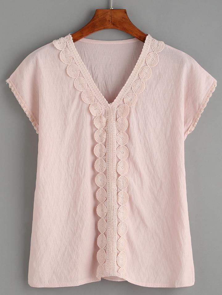 Romwe Pink V Neck Contrast Lace Top
