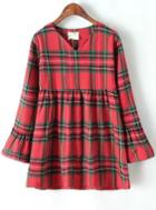 Romwe Red V Neck Long Sleeve Plaid Dress