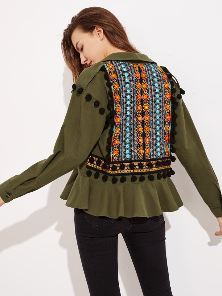 Romwe Embroidery Jacquard Back Pom Pom Detail Frilled Jacket