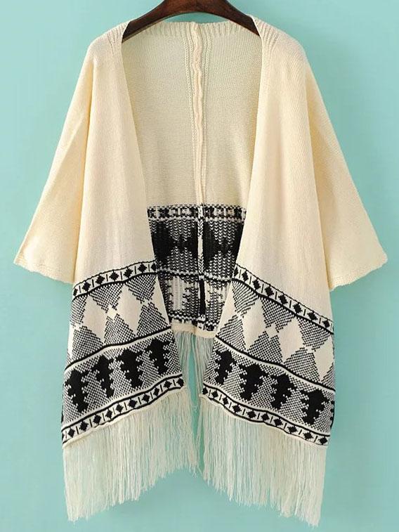 Romwe Beige Geometric Pattern Fringe Hem Poncho Cardigan