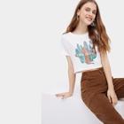 Romwe Plants And Letter Print Crop Tee