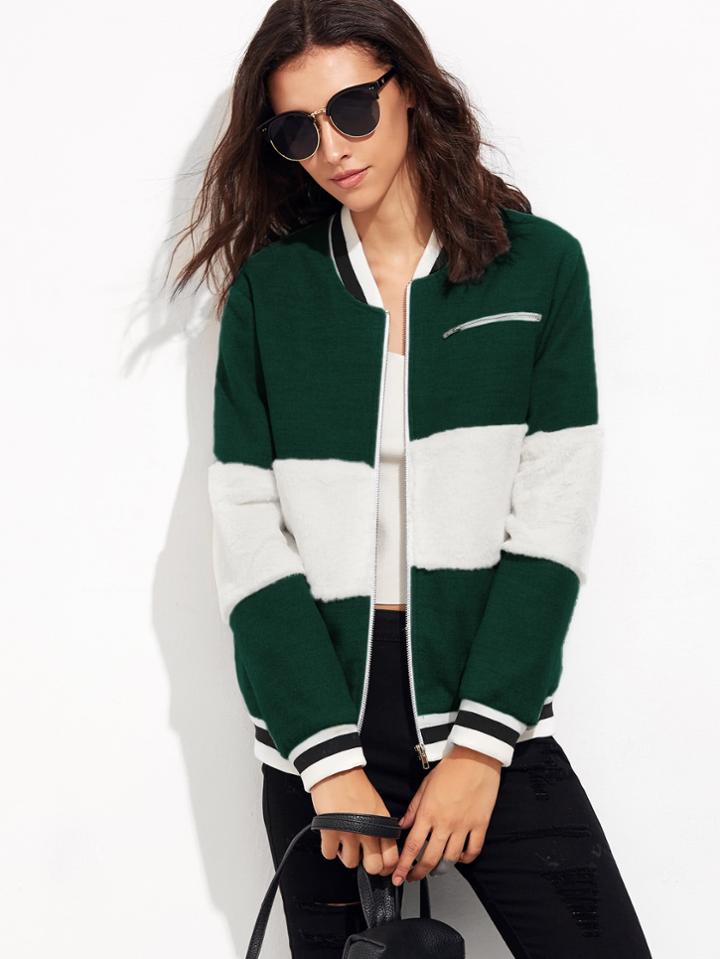 Romwe Striped Trim Fluffy Panel Bomber Jacket