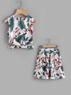 Romwe Leaf Floral Print Random Cut Out Tank Top With Skirt