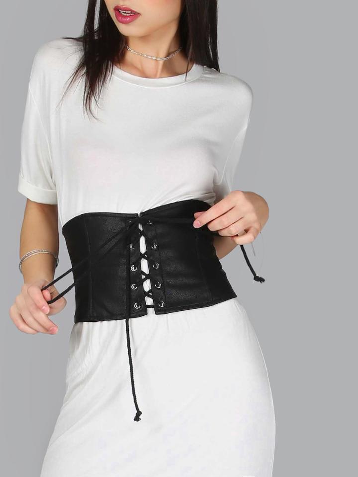 Romwe Tie Up Pu Corset