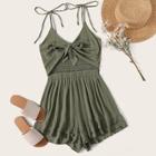 Romwe Solid Tie Front Shirred Back Cami Romper