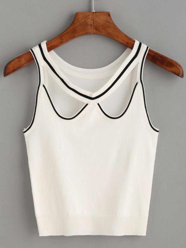 Romwe White Striped Trim Cut Out Knitted Top