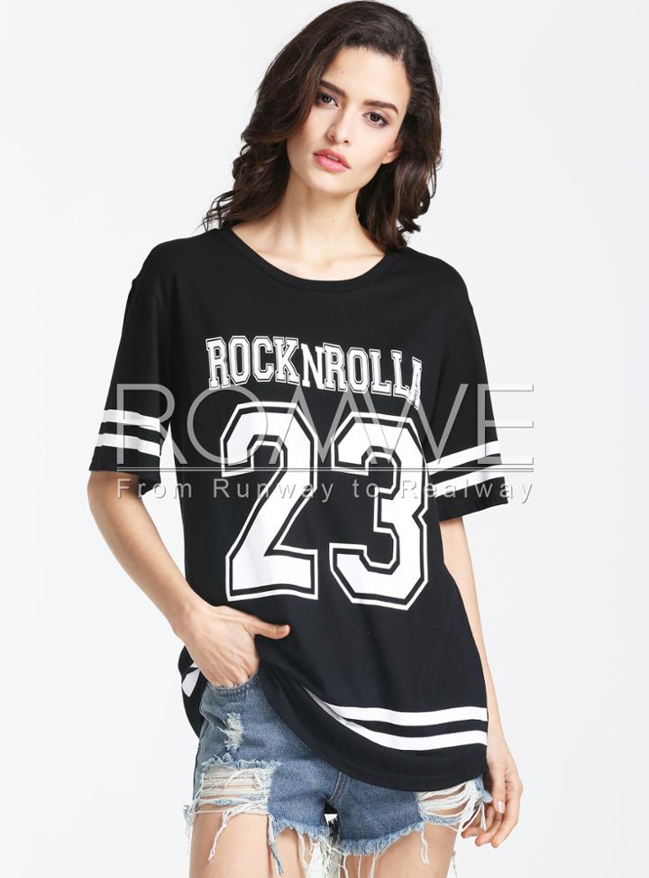 Romwe Black Short Sleeve Rocknrolla Print T-shirt