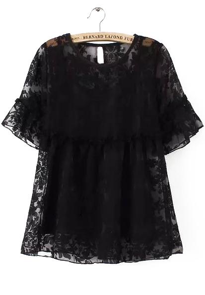 Romwe Butterfly Sleeve Organza Black Top