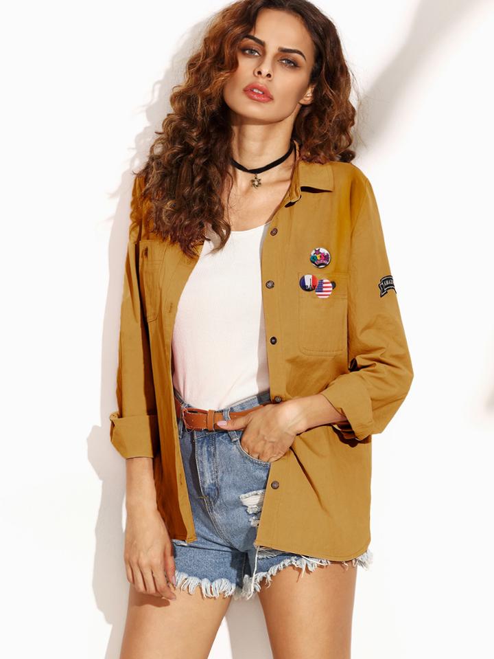 Romwe Letter Print Back Shirt Jacket With Badge Detail