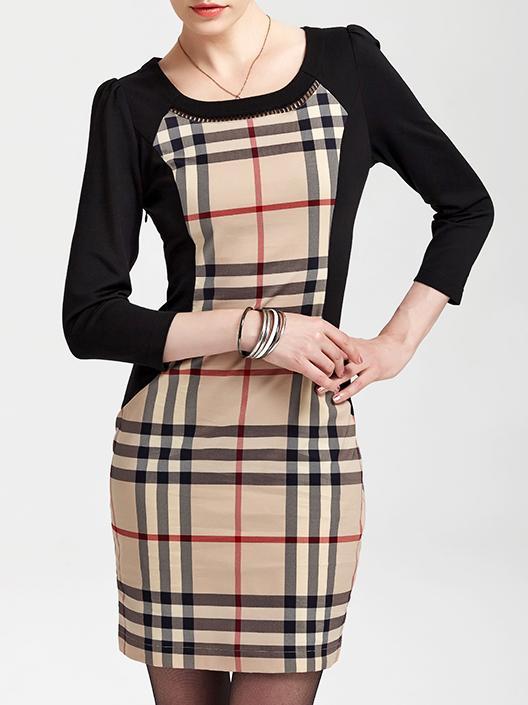 Romwe Khaki Round Neck Length Sleeve Check Print Dress