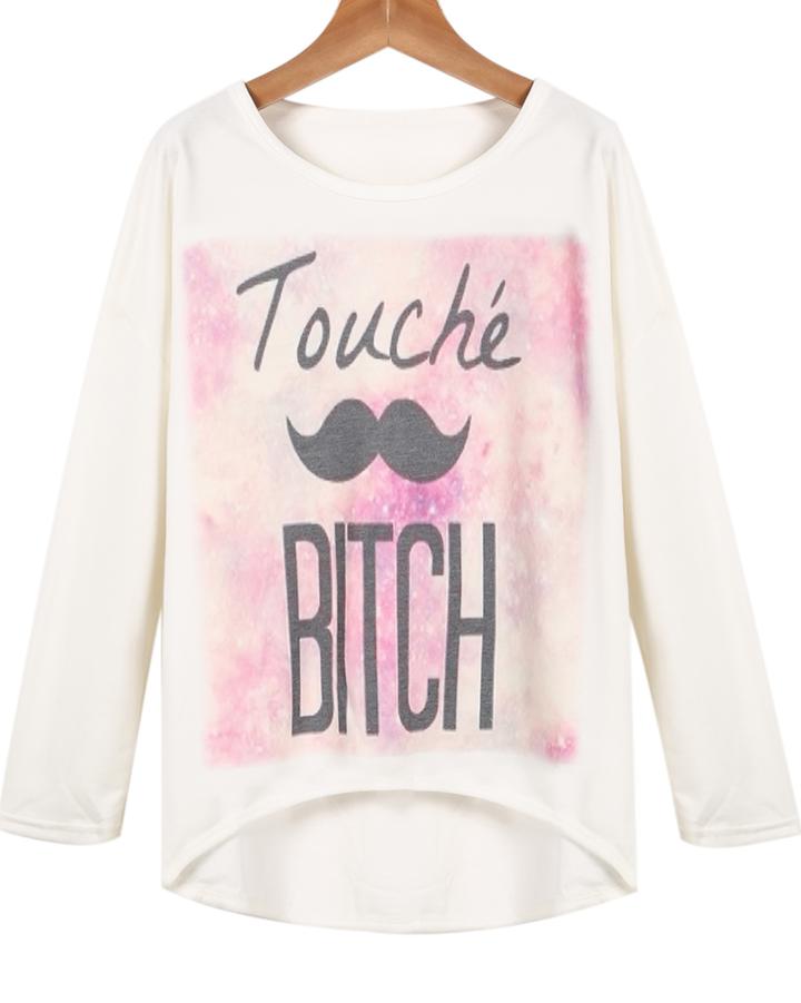 Romwe Moustache Print Dipped Hem T-shirt