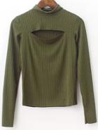 Romwe Army Green Slit Front Mock Neck Top