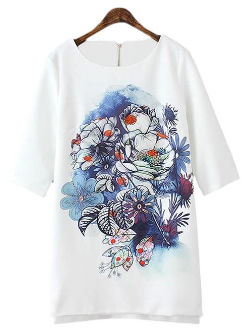 Romwe White Zipper Back Diamond Ink Print Dress