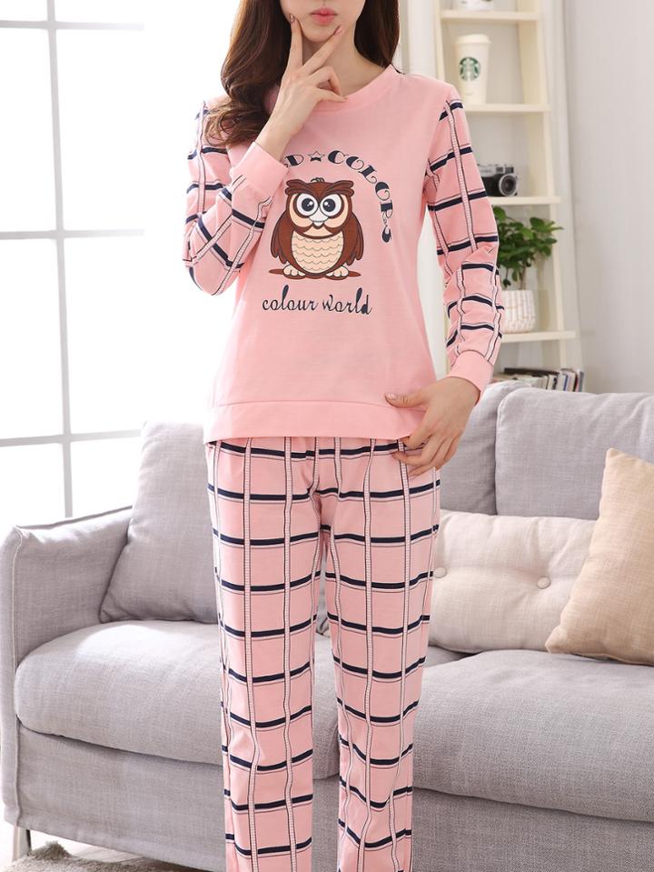 Romwe Cartoon Owl Print Pullover & Plaid Pants Pj Set