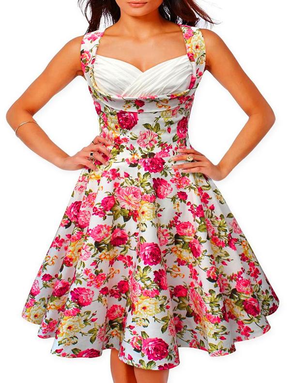 Romwe Floral Print Scoop Neck Flare Sleeveless Dress