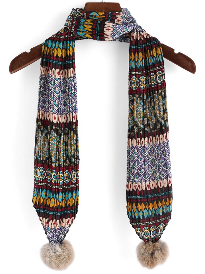 Romwe Tribal Print Ball Embellished Scarf
