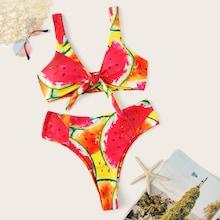 Romwe Random Watermelon Knot Front Top With High Waist Bikini
