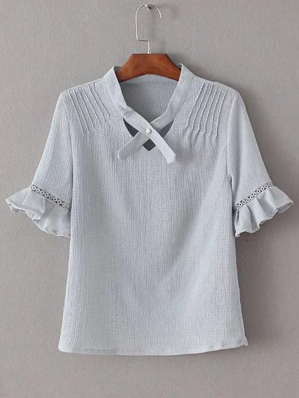 Romwe Grey V Neck Ruffle Cuff Short Sleeve Blouse