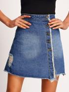 Romwe Blue Ripped Frayed Denim A-line Skirt With Single Breasted