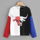 Romwe Cut And Sew Bull Print Sweatshirt