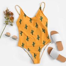 Romwe Random Cactus Print Low Back One Piece Swimwear