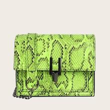 Romwe Neon Lime Snakeskin Flap Chain Bag