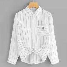 Romwe Knot Detail Cat Print Striped Shirt