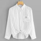 Romwe Knot Detail Cat Print Striped Shirt