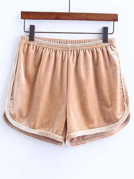 Romwe Khaki Elastic Waist Velvet Shorts