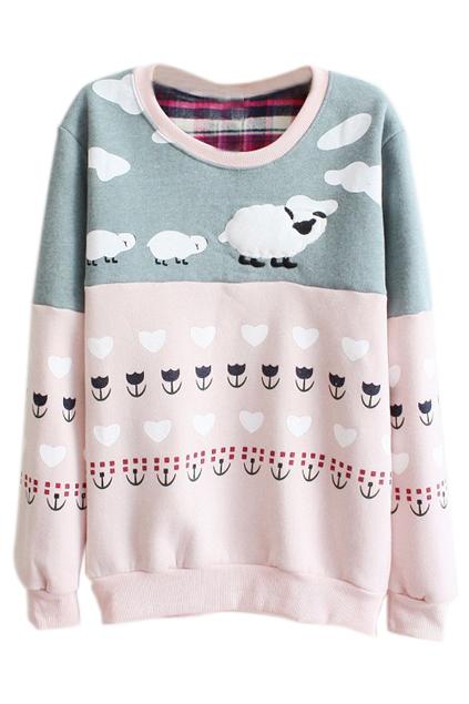 Romwe Color Block Sheeps And Floral Pink Sweatshirt