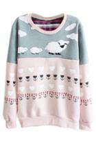 Romwe Color Block Sheeps And Floral Pink Sweatshirt