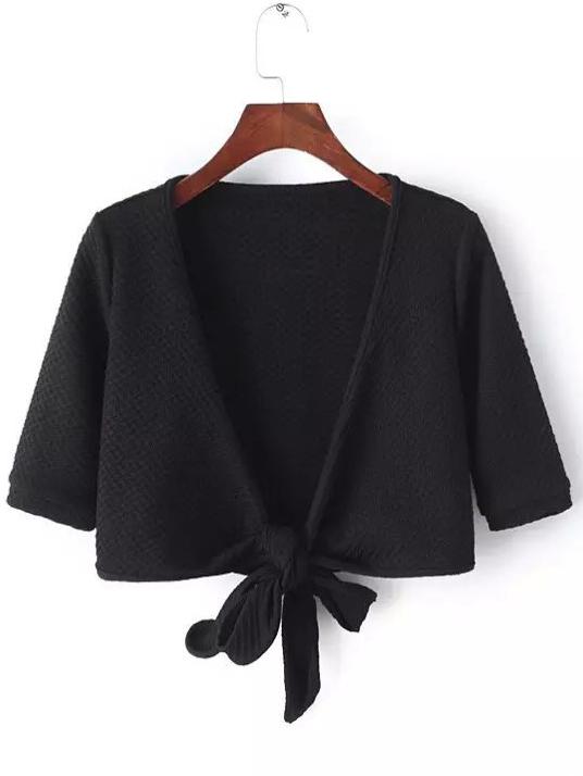 Romwe Deep V Neck Knotted Crop Black Coat