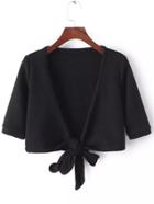 Romwe Deep V Neck Knotted Crop Black Coat