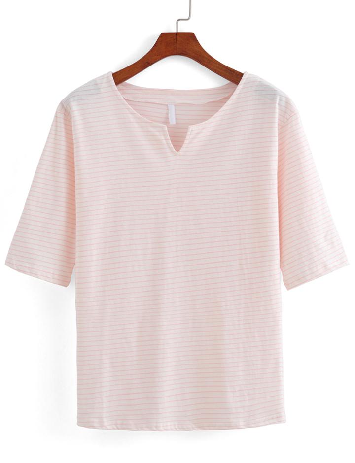 Romwe Half Sleeve V Cut Striped Pink T-shirt