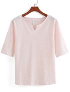 Romwe Half Sleeve V Cut Striped Pink T-shirt