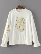 Romwe White Daisy Embroidery Bell Sleeve Sweatshirt