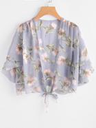 Romwe Floral Print Random Open Front Knotted Top