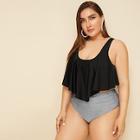 Romwe Plus Floaty Top With Striped Bikini Set