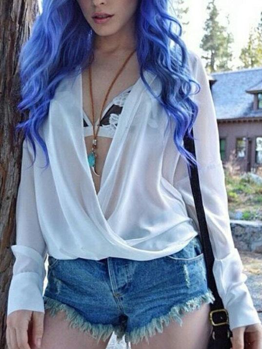 Romwe Deep V Neck Wraped Chiffon Blouse