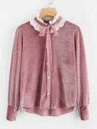Romwe Contrast Frill Trim Tie Neck Velvet Shirt