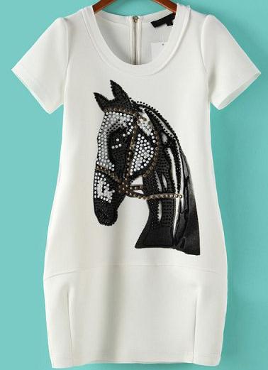 Romwe White Short Sleeve Bead Horse Pattern Slim Dress