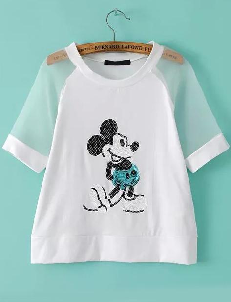 Romwe Contrast Organza Sequined Mickey Pattern White T-shirt
