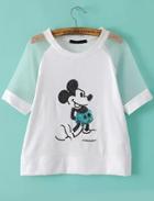 Romwe Contrast Organza Sequined Mickey Pattern White T-shirt