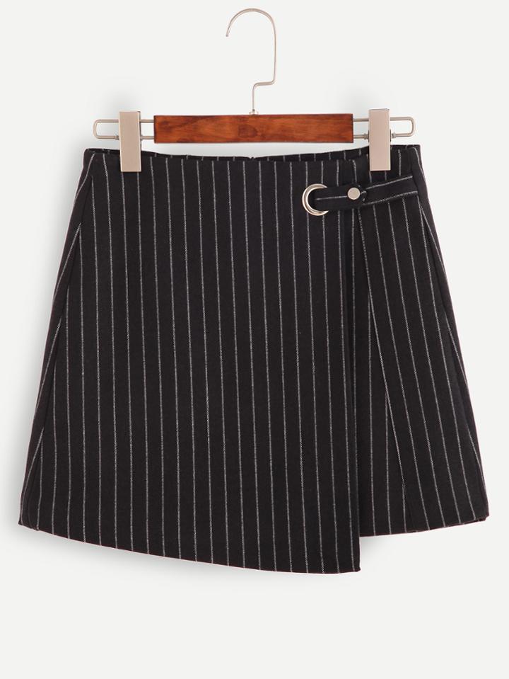 Romwe Vertical Striped Metal Eyelet Zip Asymmetric Skirt